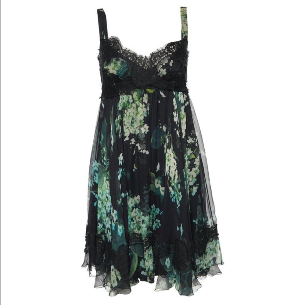 Dolce & Gabbana Black & Green Floral Silk Lace Babydoll Dress – Size 4